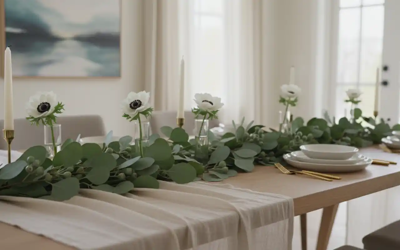 A fresh eucalyptus garland running down the center of a dining table with small bud vases.