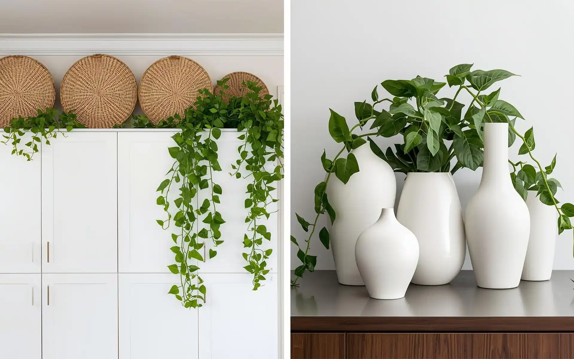 Clear glass pitchers and cake stands displayed on top of cabinets