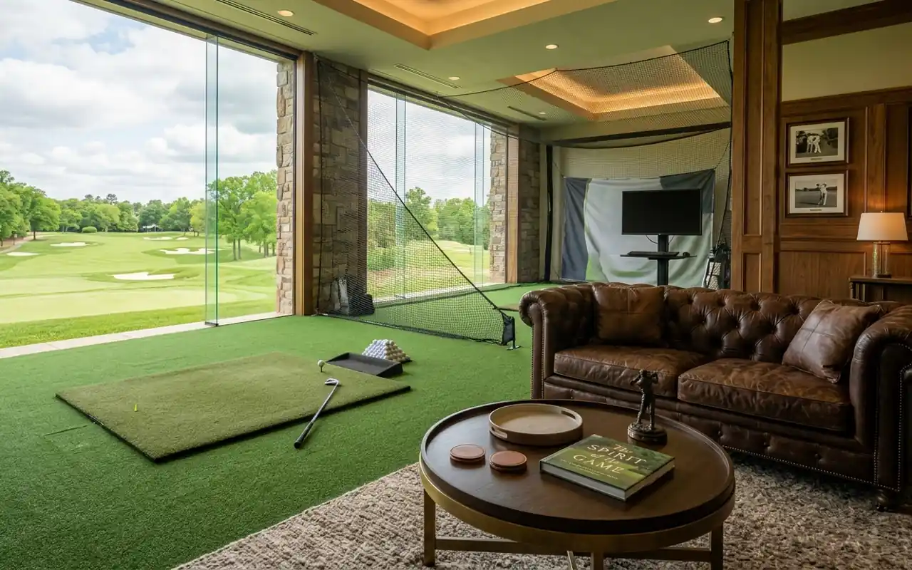 A comfortable observation lounge with cognac leather chairs and a dark navy rug behind the golfer.