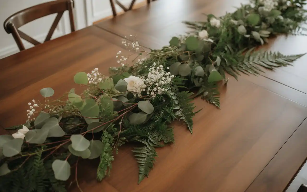 A long wooden banquet table with a lush eucalyptus and fern runner.