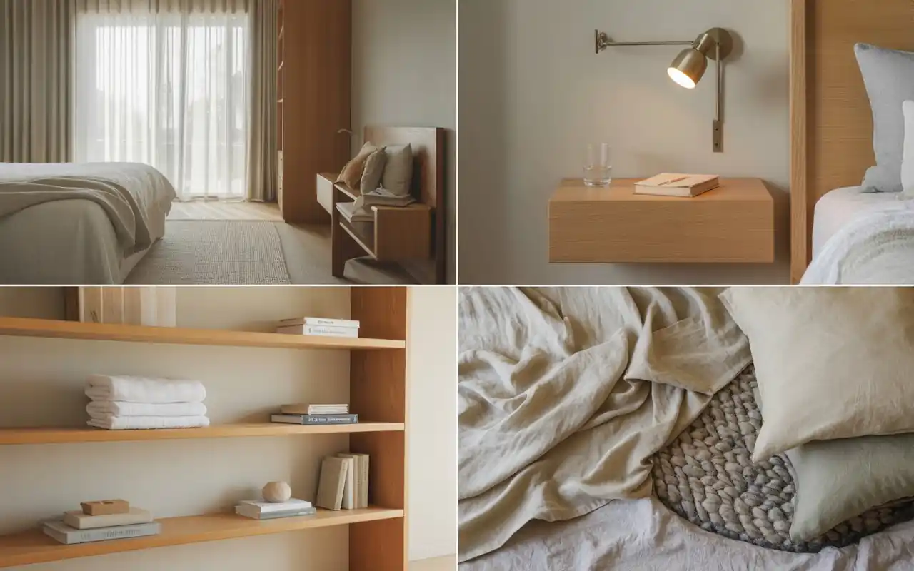 Close up of linen textures and soft pillows in a neutral bedroom.