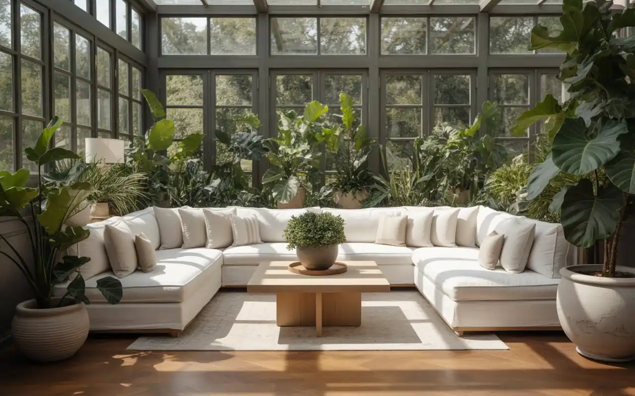 A large hanging daybed with soft cushions and white curtains on a screened-in porch.
