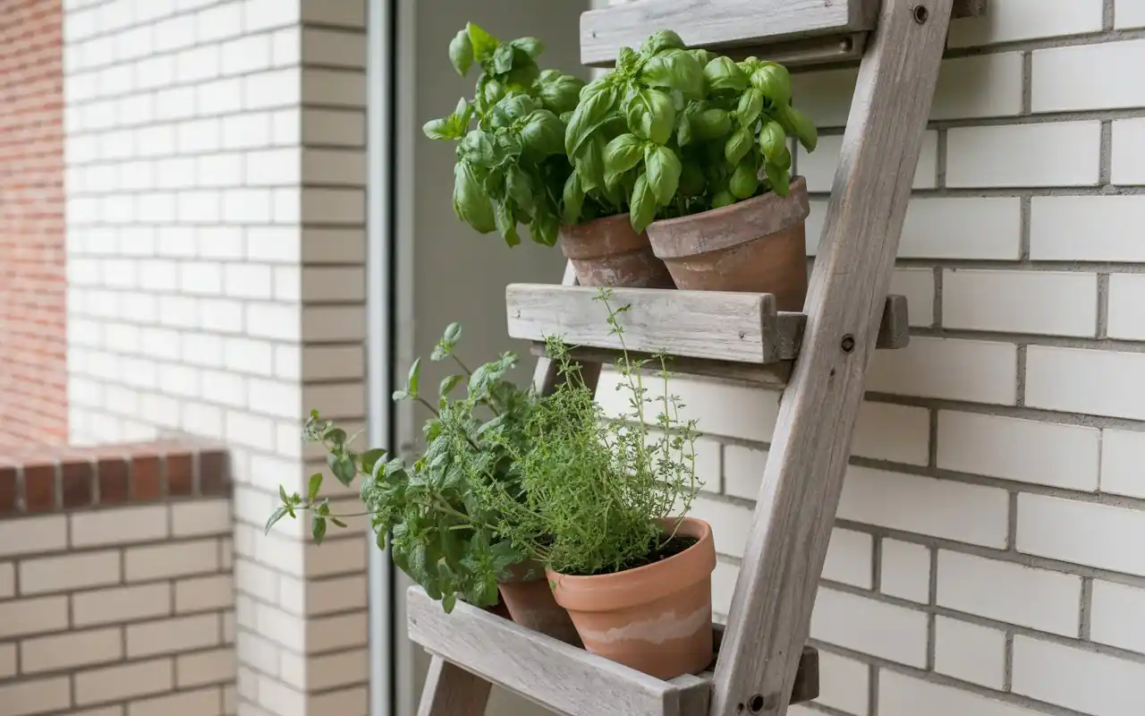 A cream-colored macrame hammock chair hanging on a small modern balcony.