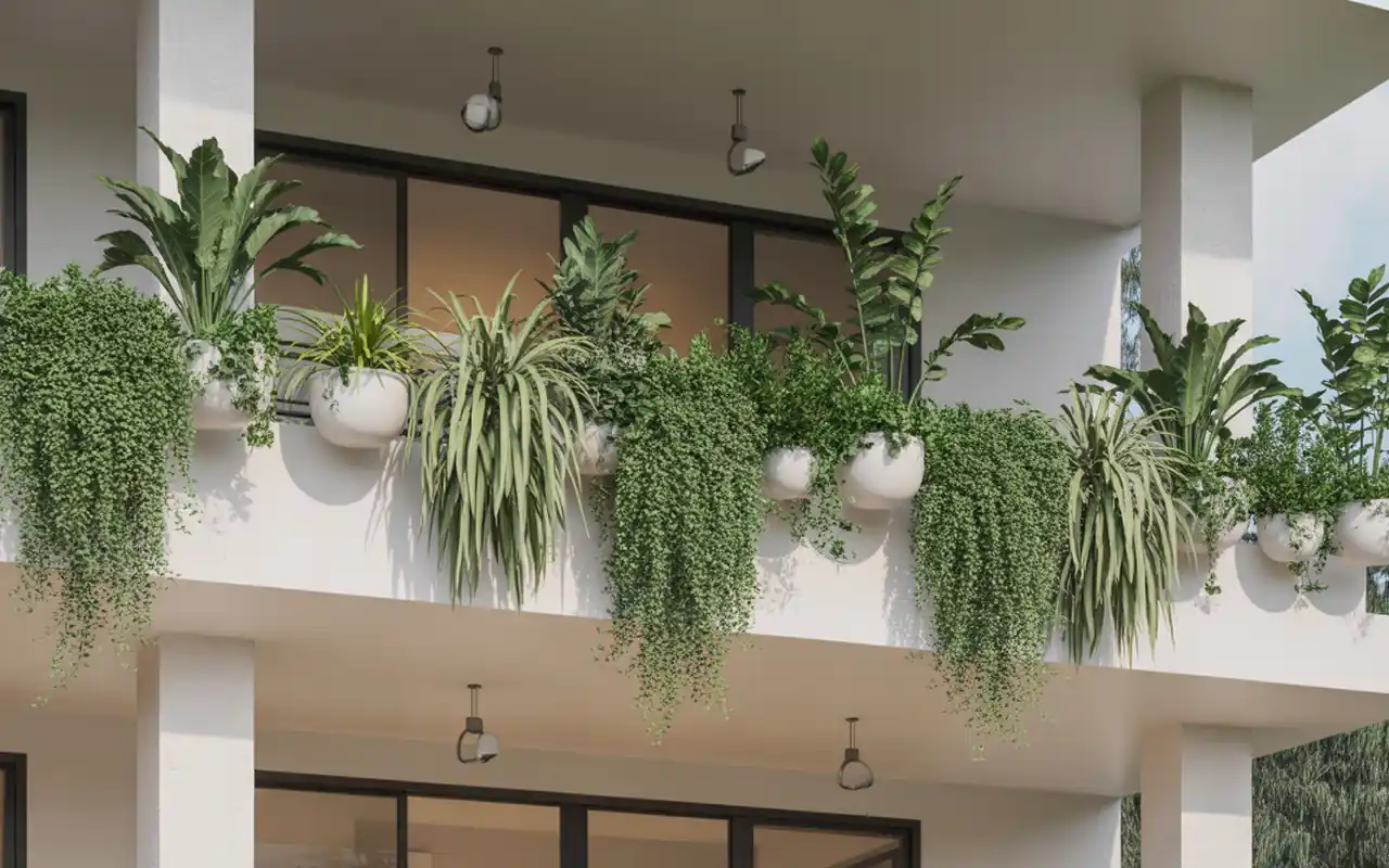 Tiered hanging planters cascading from a balcony ceiling filled with green foliage.