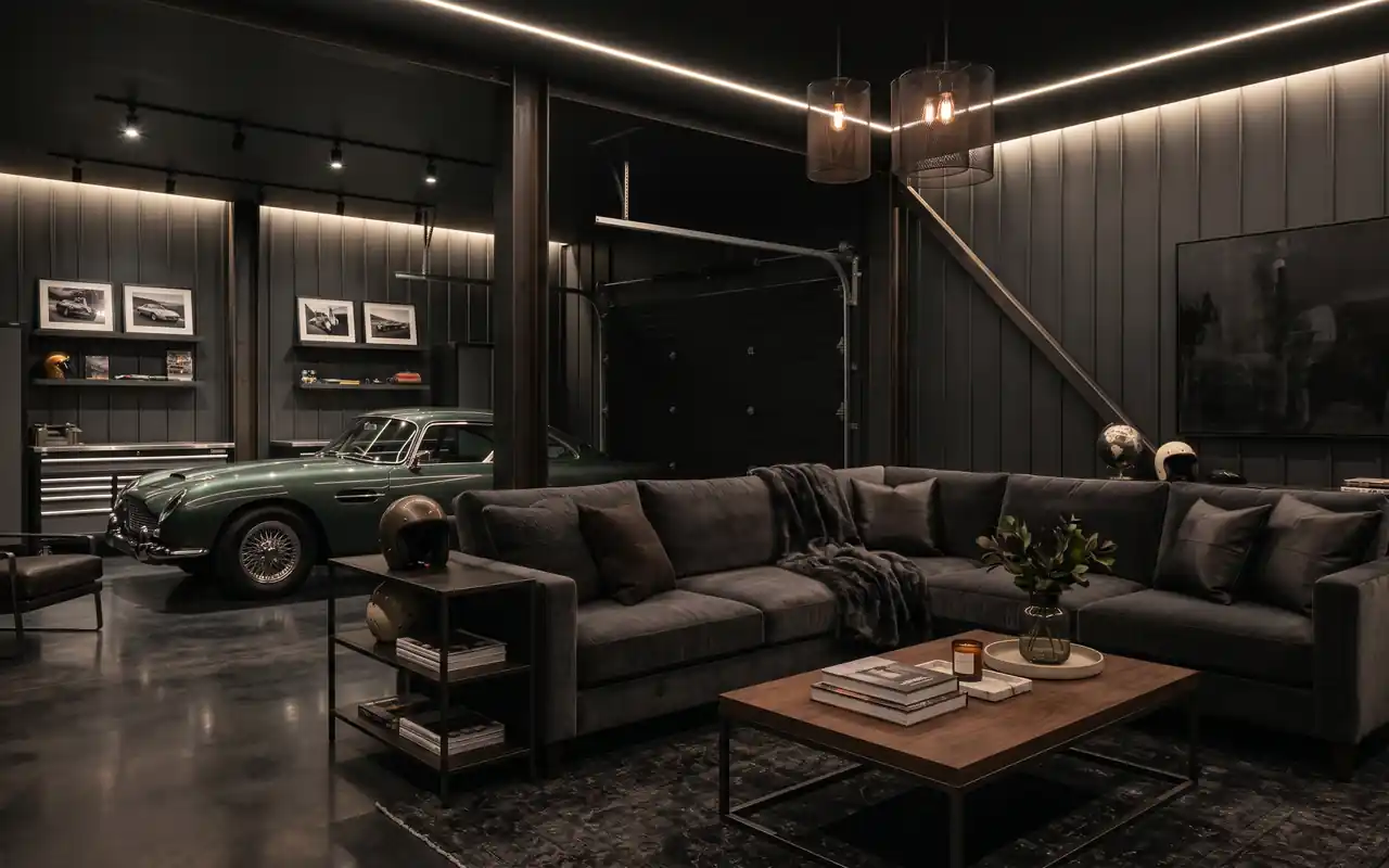 A high-end garage lounge area with moody charcoal walls and a large flat-screen TV.