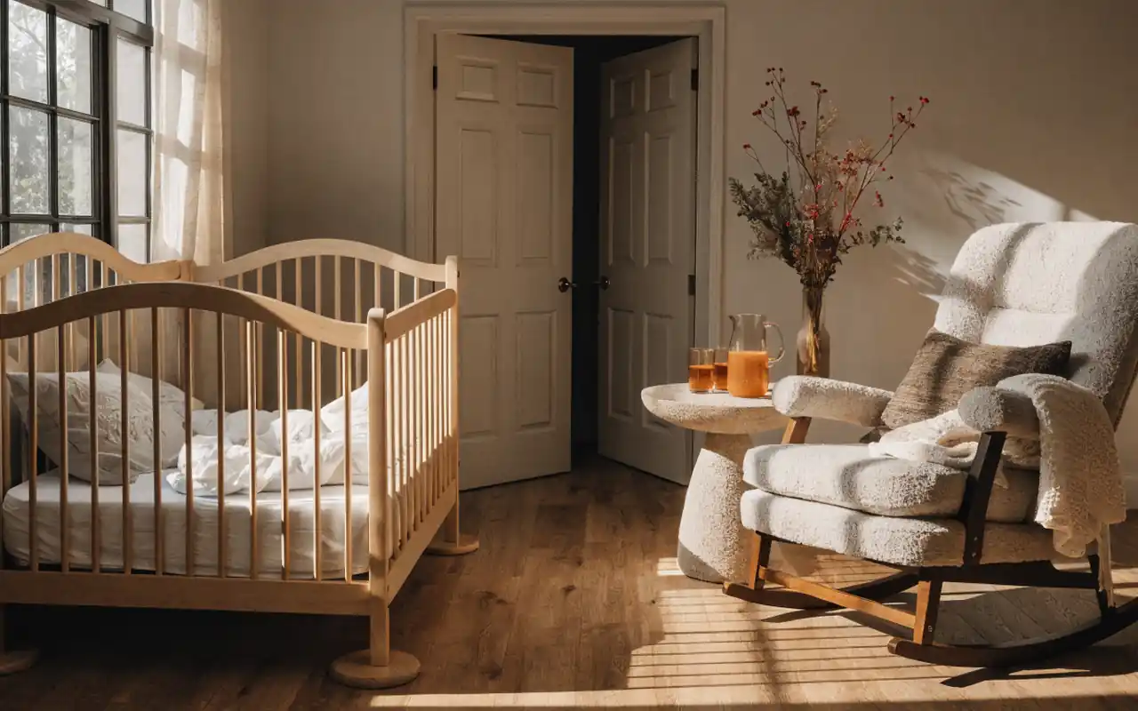 A perfectly zoned nursery with a separate sleep area and a cozy velvet glider.