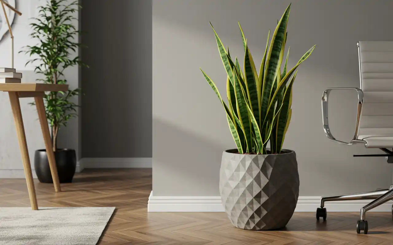 A large snake plant in a textured gray ceramic pot sitting next to a modern office desk.
