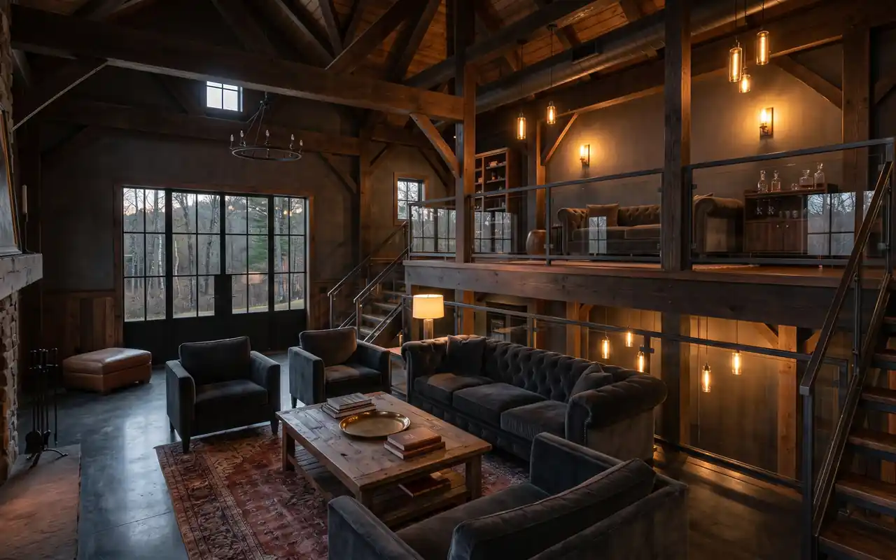A high-end lounge area in a pole barn with a glass-railing loft and charcoal velvet seating.