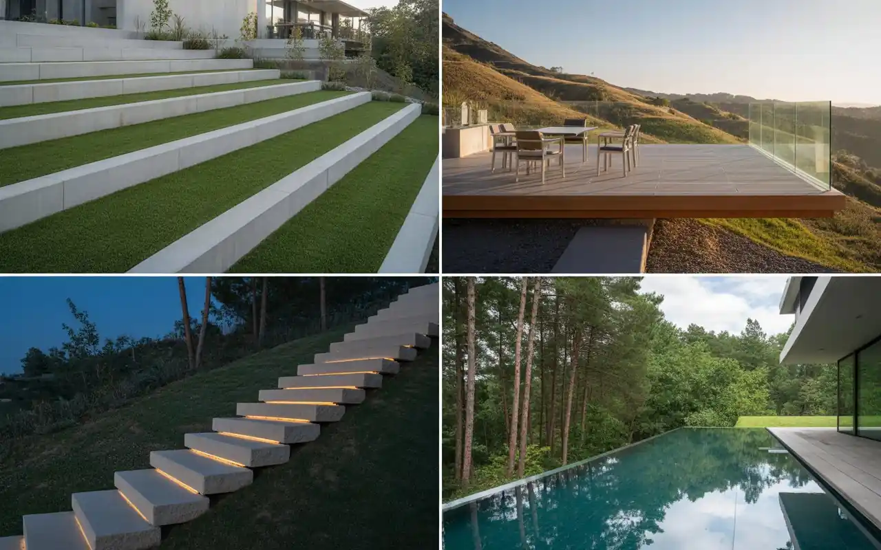 A wooden deck cantilevered over a hill with frameless glass railings overlooking a valley.
