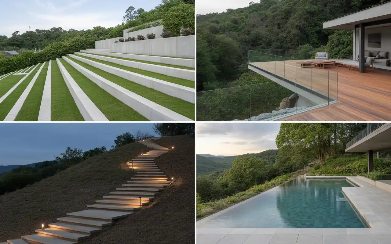 A modern small pool with an infinity edge built into a steep backyard slope.