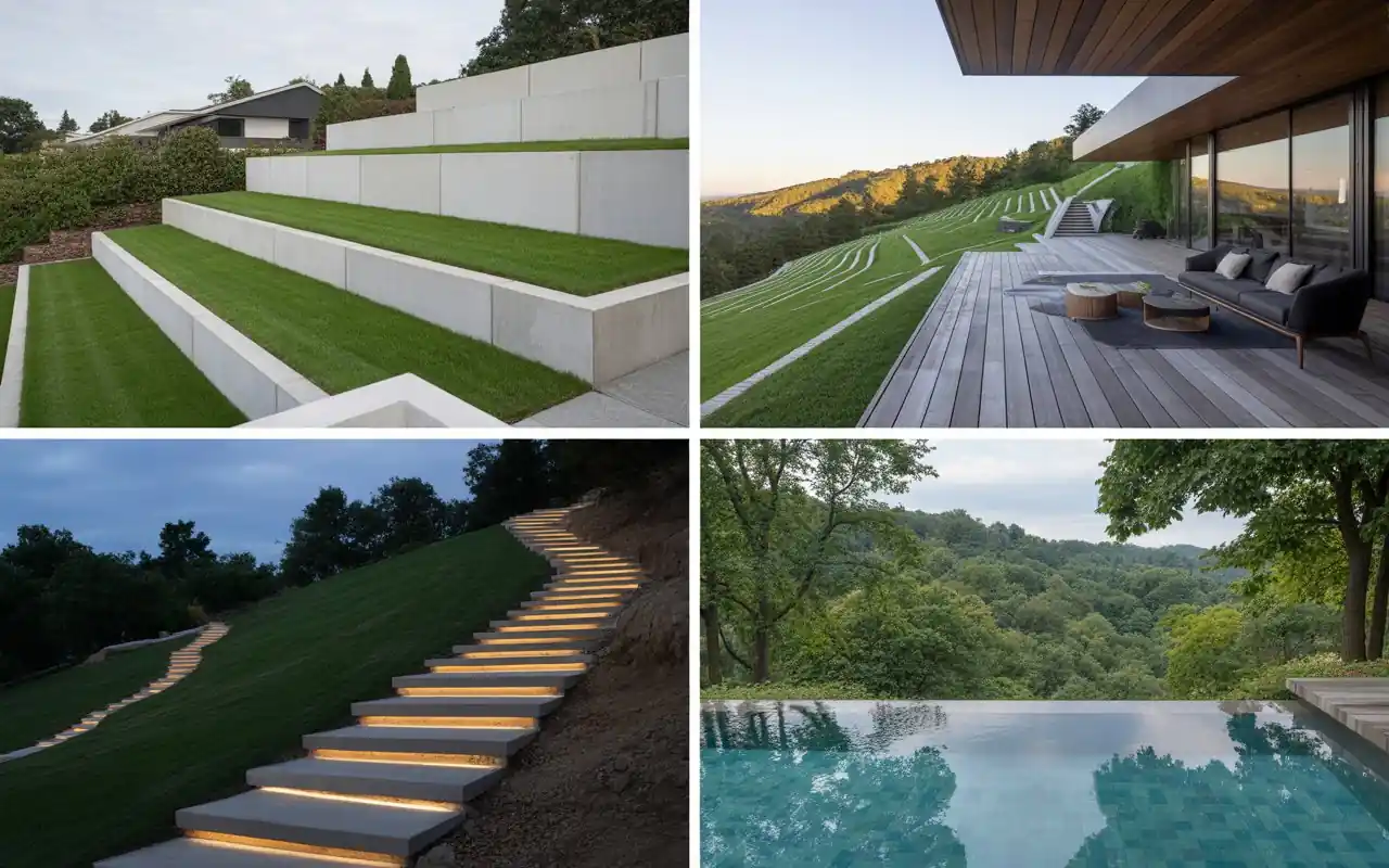 Tiered stone steps on a hill illuminated with warm LED lights at twilight.