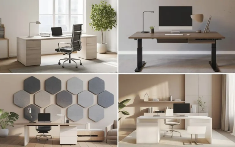 Modern home office with a large desk, ergonomic chair, and natural light