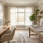 A luxurious hybrid craft room and office with high ceilings and soft natural light.