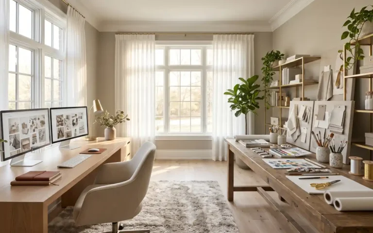A luxurious hybrid craft room and office with high ceilings and soft natural light.