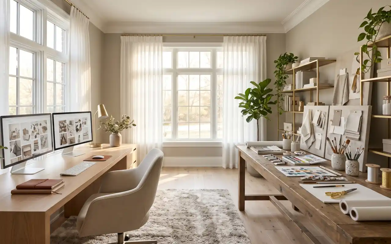 A luxurious hybrid craft room and office with high ceilings and soft natural light.