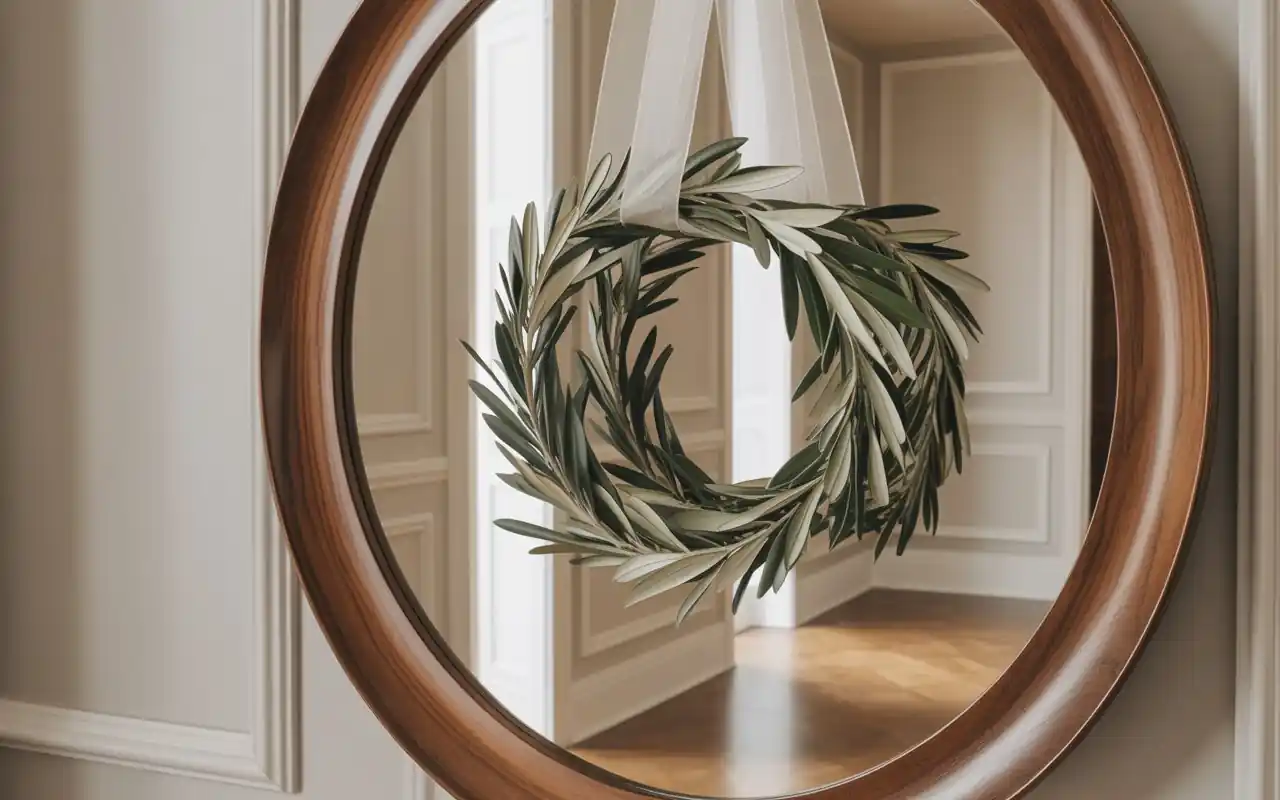 A round hallway mirror with a small eucalyptus wreath hanging from a light blue ribbon.