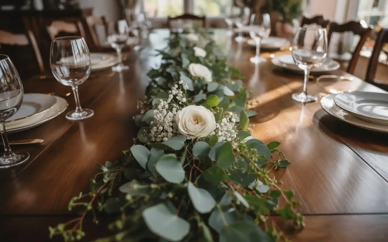 Black metal lanterns filled with twinkling fairy lights on a white tablecloth.