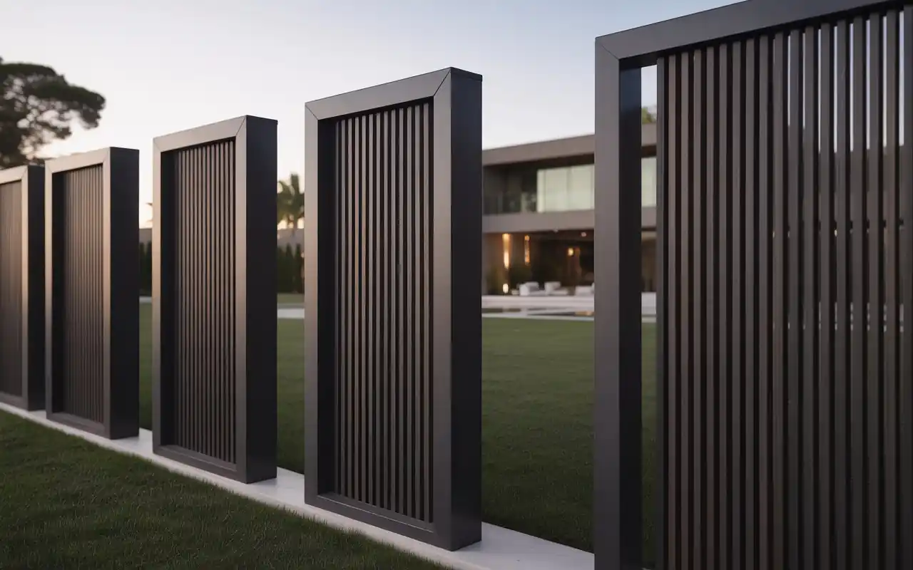 Decorative laser-cut metal privacy screens with a botanical pattern placed on a patio.