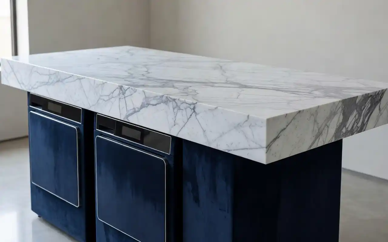 A white quartz countertop installed over side-by-side blue laundry machines.