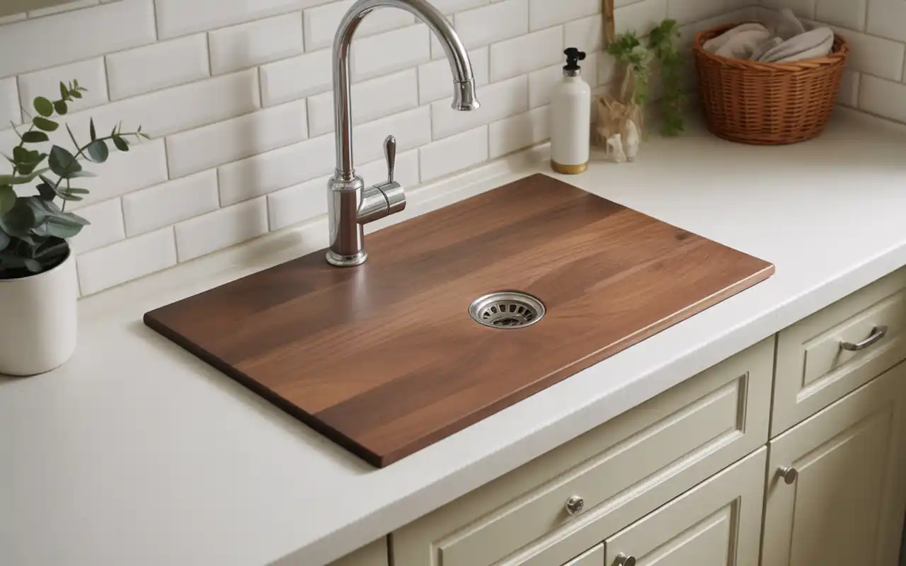 A wooden sink cover providing extra folding space in a small laundry room.