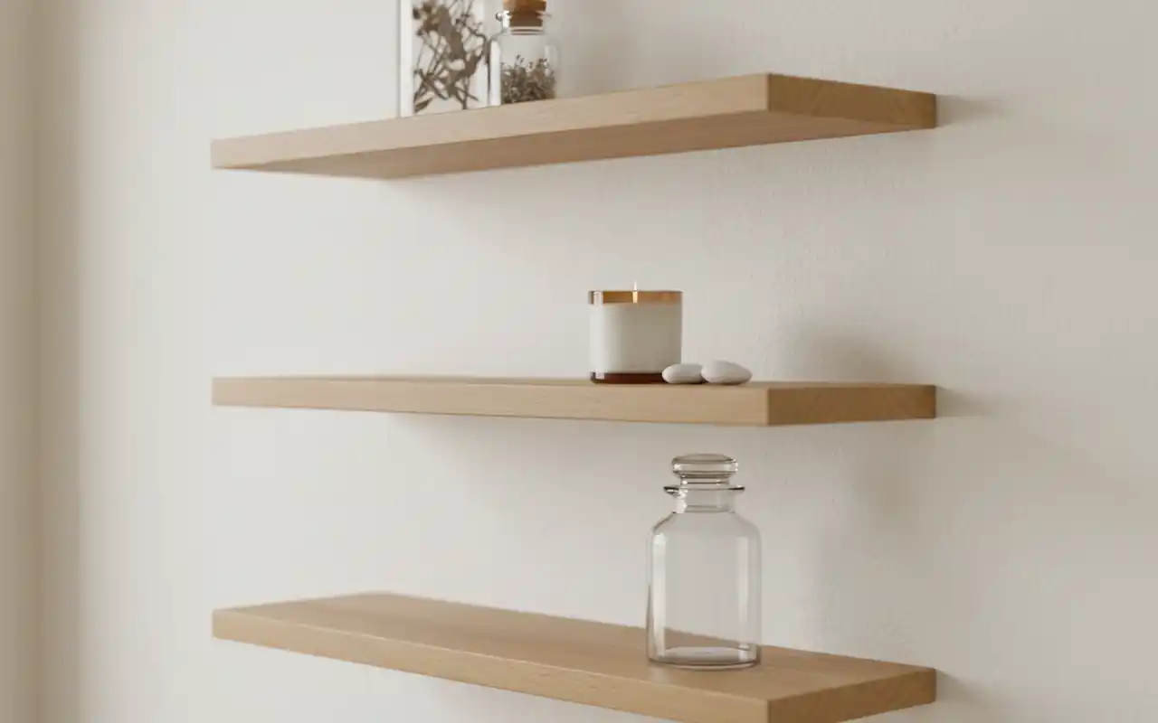 Light oak floating shelves in a laundry room with glass jars and plants.