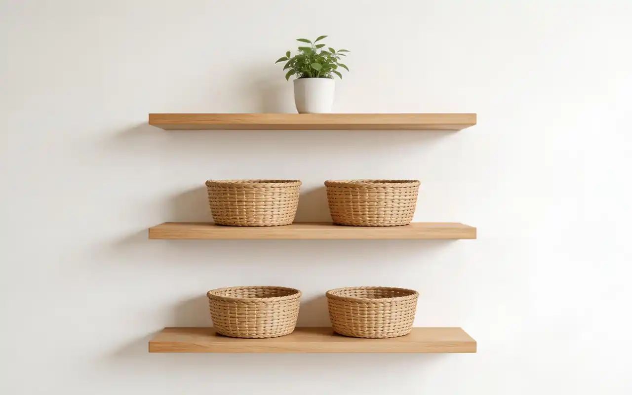 Floating wood shelves above a laundry folding station with woven baskets and glass jars.