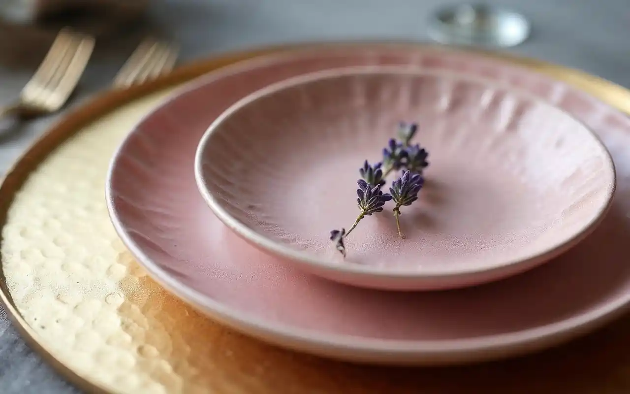 A close-up of a pink ceramic plate on a gold charger with a linen napkin and gold cutlery.