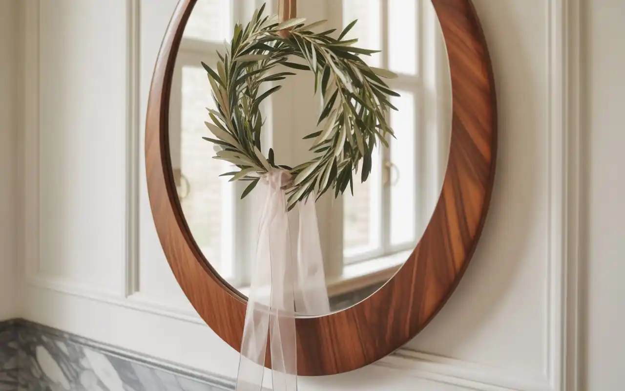 A vibrant wreath made of green eucalyptus leaves and bright yellow lemons hanging in a kitchen.