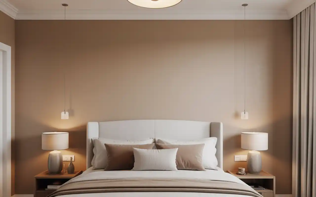 A close-up of warm greige walls and a soft linen headboard in a bright bedroom.