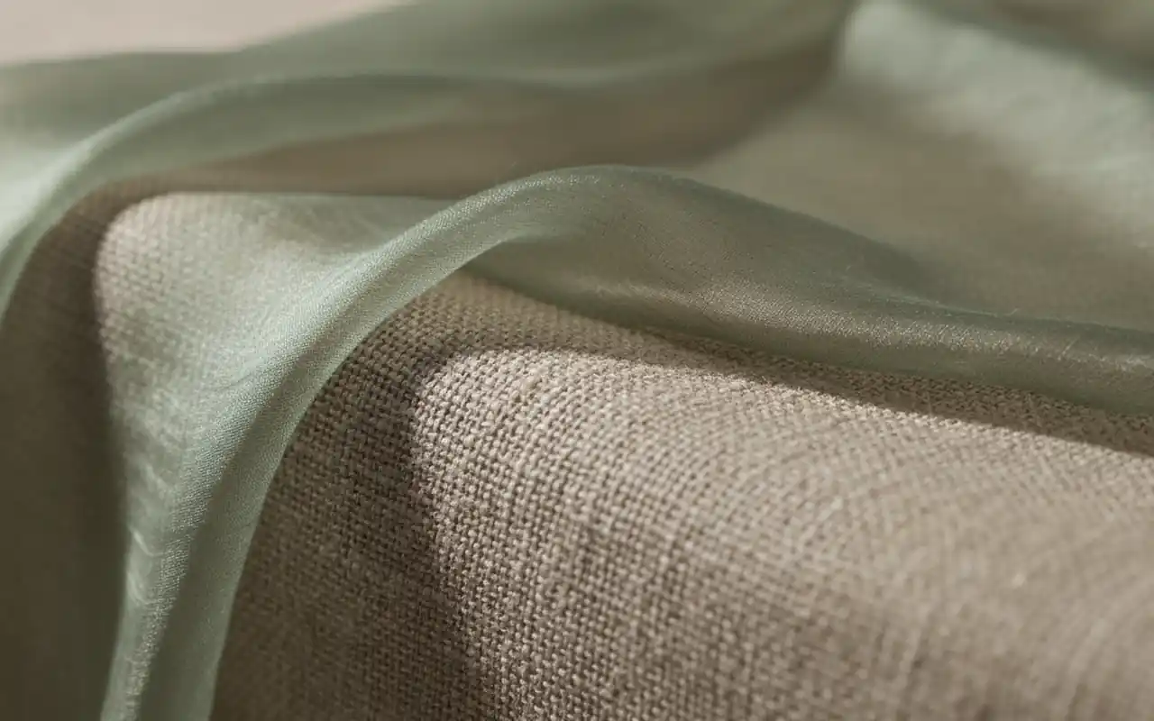 A close-up of a heavy greige linen tablecloth with a sheer sage green silk runner.