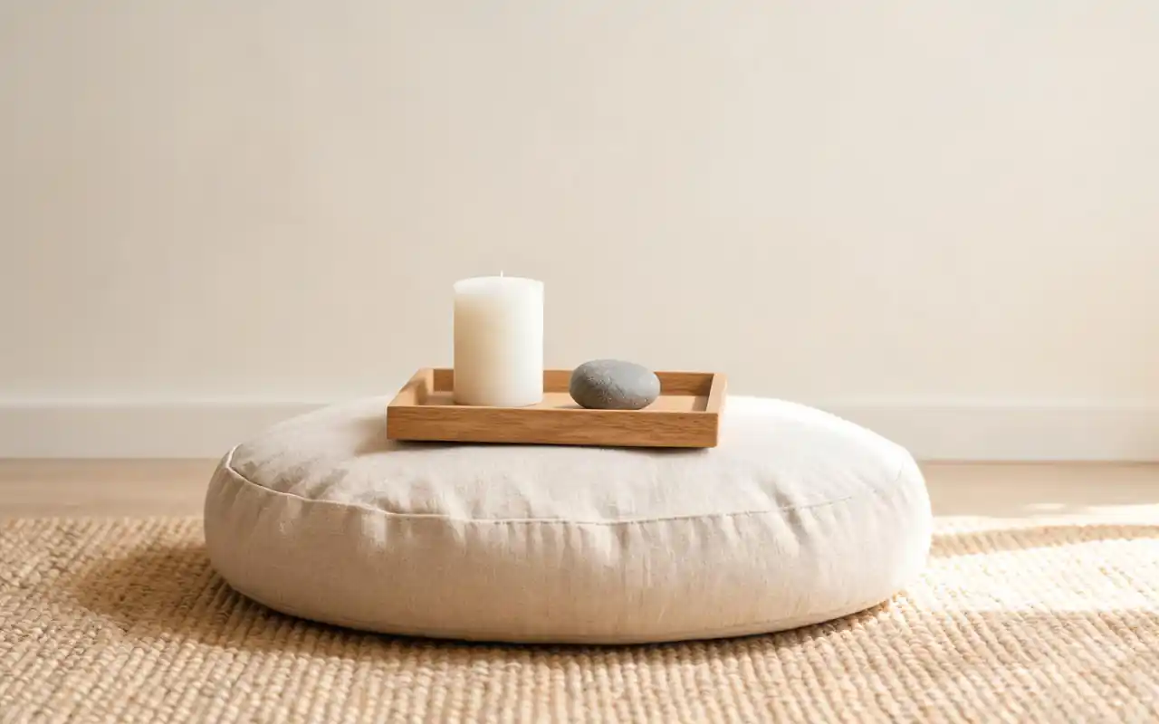 A minimalist linen-covered floor seat in a neutral room with a small wooden tray and candle.