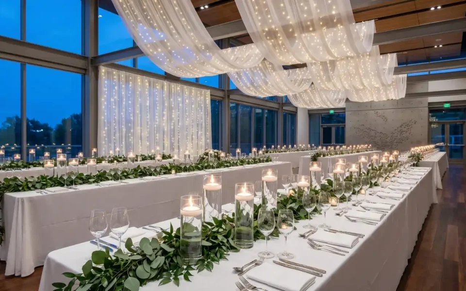 A stunning, high-end wedding reception with abundant greenery and warm candlelight on DIY tables.
