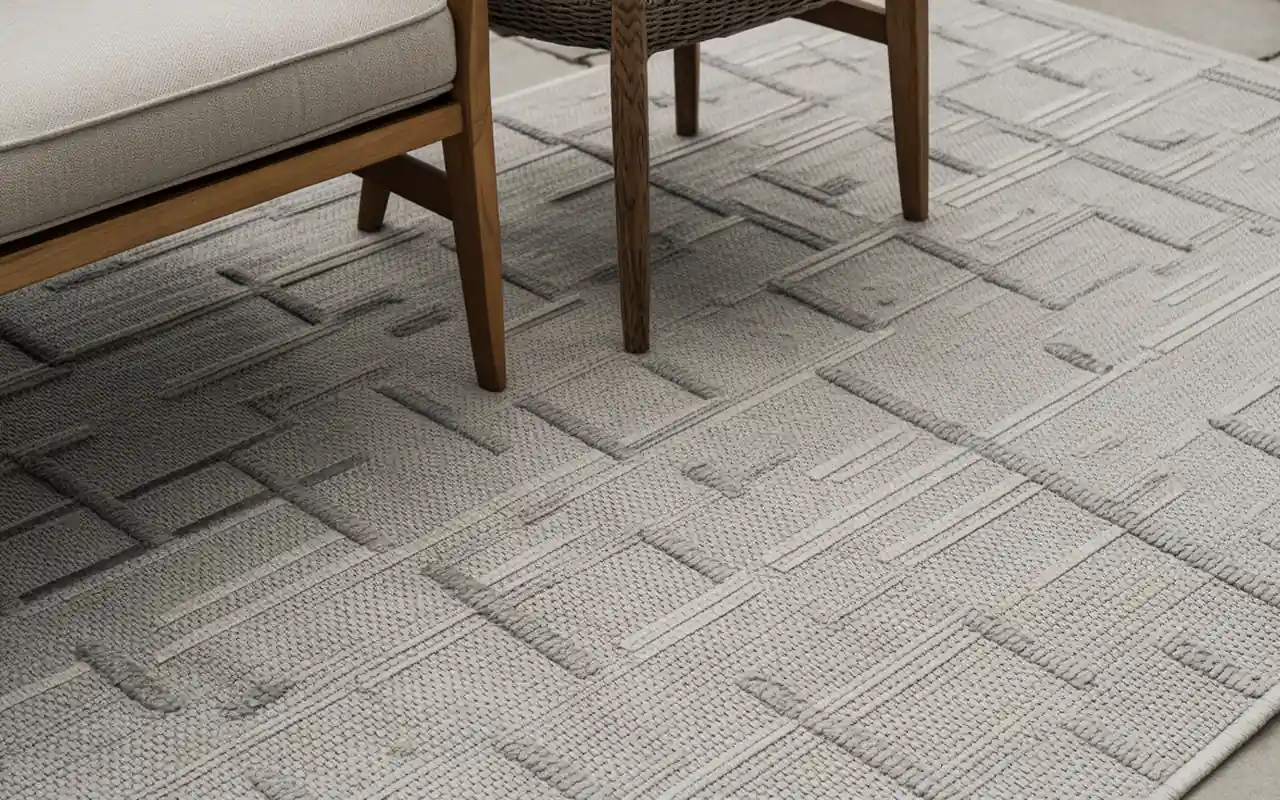 A patterned outdoor rug grounding a small seating area with soft linen pillows on a balcony.