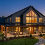 A luxurious modern barndominium with charcoal metal siding, a wrap-around porch, and black windows.