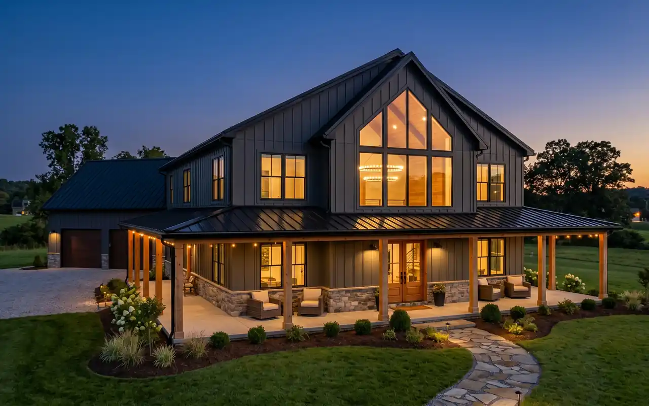 A luxurious modern barndominium with charcoal metal siding, a wrap-around porch, and black windows.