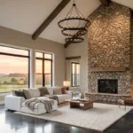 A luxury barndominium interior with vaulted ceilings, exposed beams, and a stone fireplace.