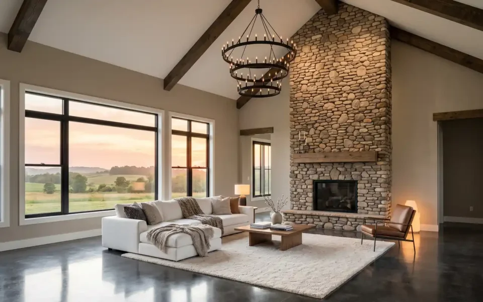 A luxury barndominium interior with vaulted ceilings, exposed beams, and a stone fireplace.