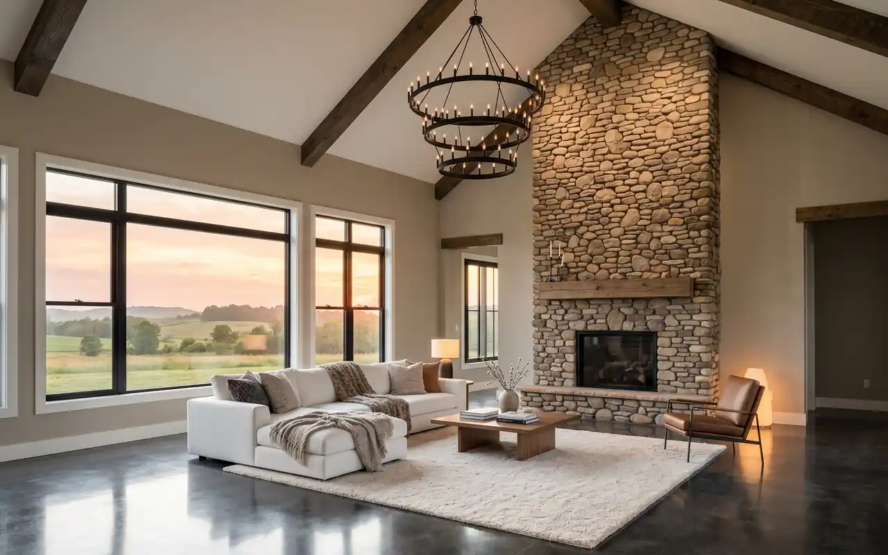 A luxury barndominium interior with vaulted ceilings, exposed beams, and a stone fireplace.
