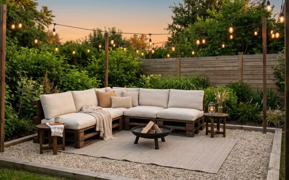 A luxurious backyard lounge with a pea gravel patio, string lights, and wooden furniture.