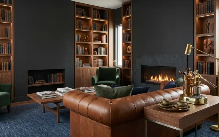 A luxurious man cave with charcoal walls, a leather Chesterfield sofa, and a custom walnut library.