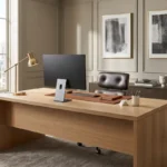 A luxurious corporate office with a soft oak desk, brushed brass lamp, and warm greige walls.