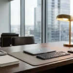 A luxurious corporate office desk styled with a brass lamp, leather mat, and a small green plant.