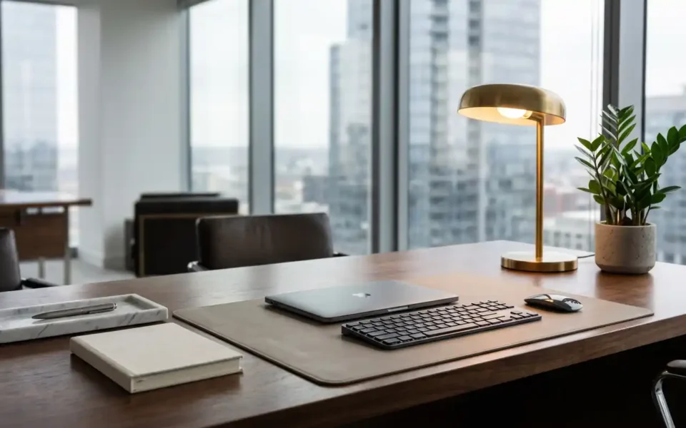 A luxurious corporate office desk styled with a brass lamp, leather mat, and a small green plant.