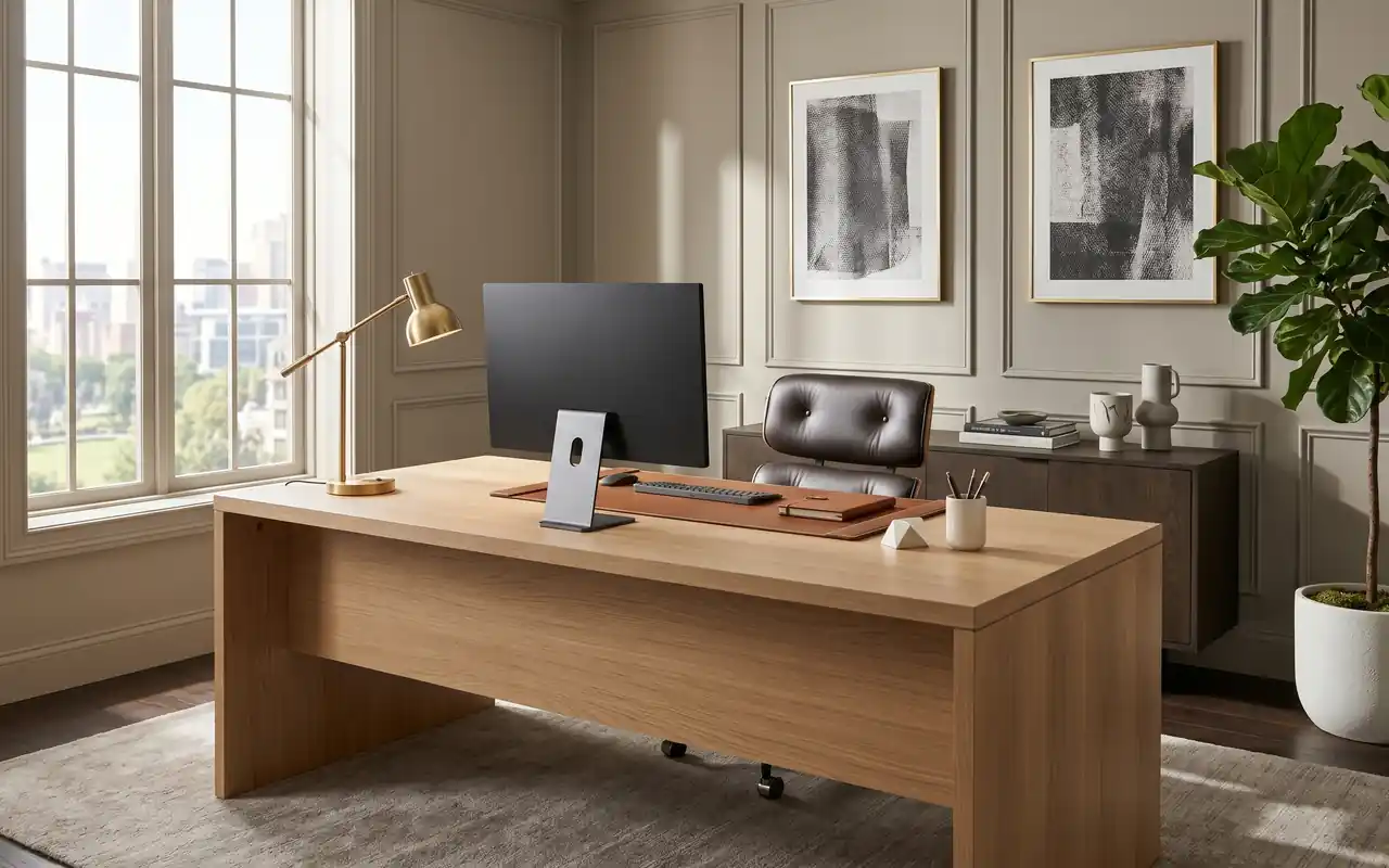 A luxurious corporate office with a soft oak desk, brushed brass lamp, and warm greige walls.