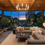 A luxury enclosed porch with floor-to-ceiling glass walls and modern furniture at sunset.