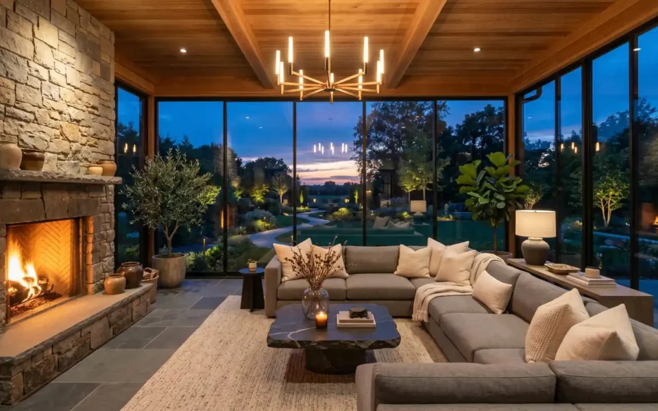 A luxury enclosed porch with floor-to-ceiling glass walls and modern furniture at sunset.