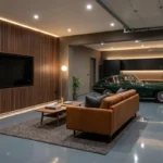 A luxurious garage man cave with polished slate epoxy floors and a cognac leather sofa.