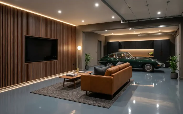 A luxurious garage man cave with polished slate epoxy floors and a cognac leather sofa.