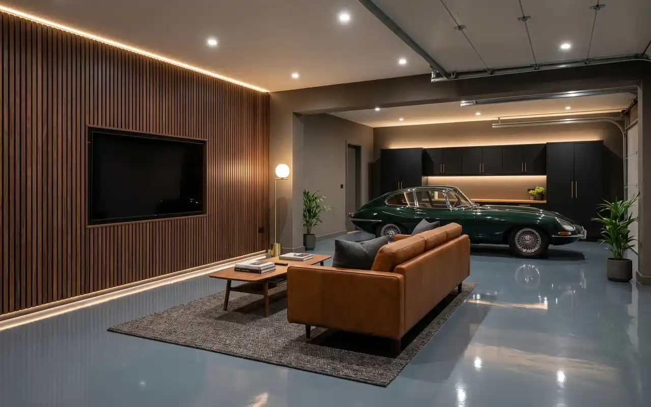 A luxurious garage man cave with polished slate epoxy floors and a cognac leather sofa.