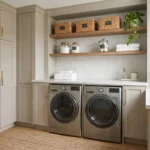 A luxurious laundry room featuring floor-to-ceiling warm greige cabinets and white quartz counters.